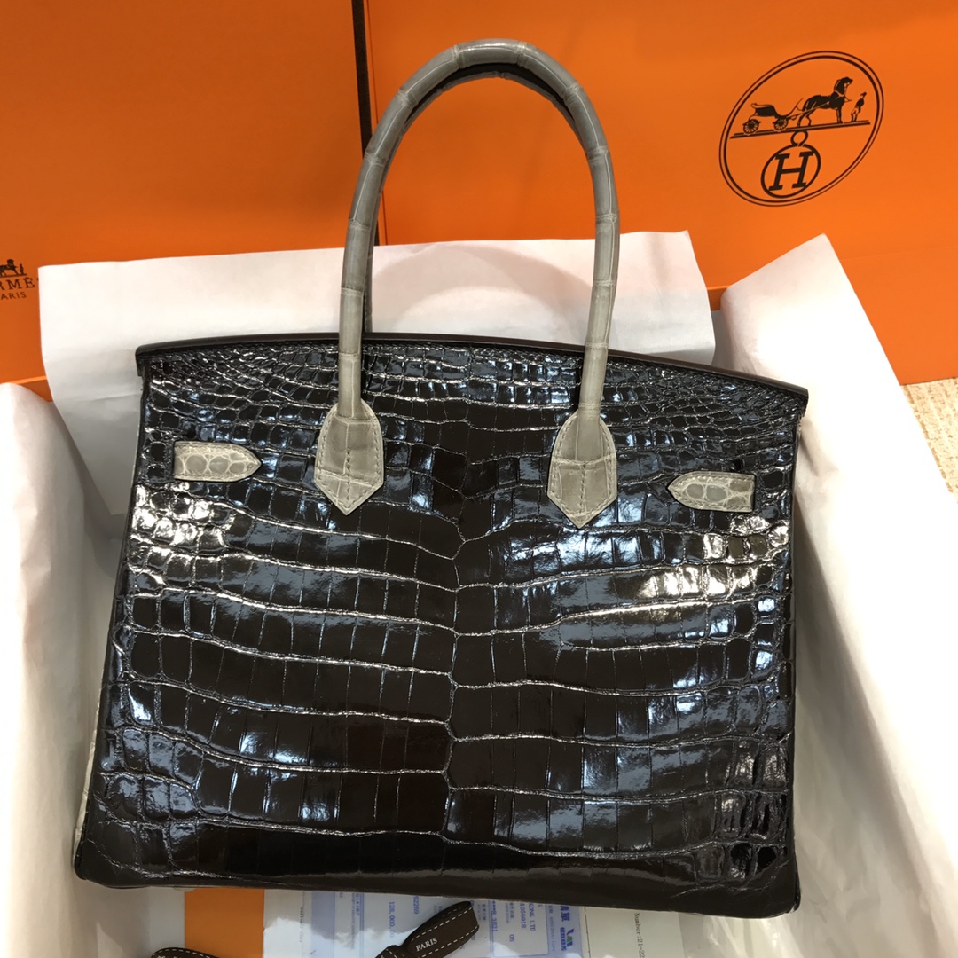 Hermes Birkin 30CM Handmade Bag In Black White Crocodile Niloticus Shiny Skin